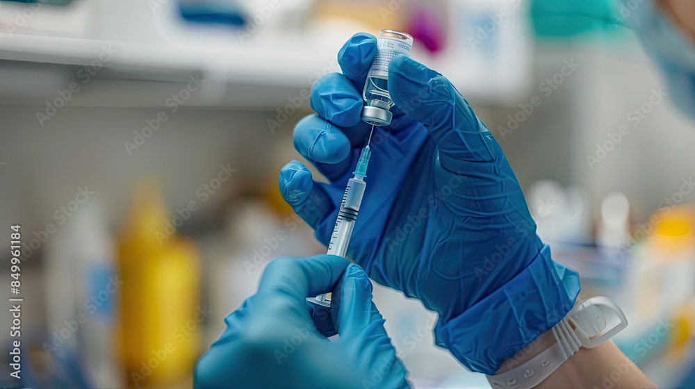 Gloved hands filling syringe with medication in a clinical setting