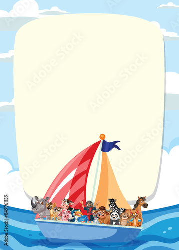 Various animals together on a colorful sailboat