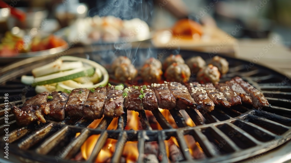 Grilled meat set with pork, meatballs, and vegetables on traditional Korean BBQ grill Grilled meat set with pork, meatballs, and vegetables on traditional Korean BBQ grill