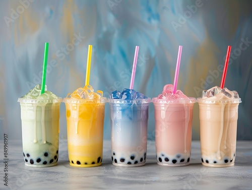 Assorted bubble tea drinks in various flavors, focus on the different colors, variety theme, whimsical, composite, tea shop backdrop