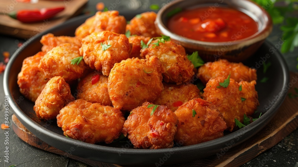 Plate of crispy fried chicken nuggets served with bowl of hot chili dip Plate of crispy fried chicken nuggets served with bowl of hot chili dip