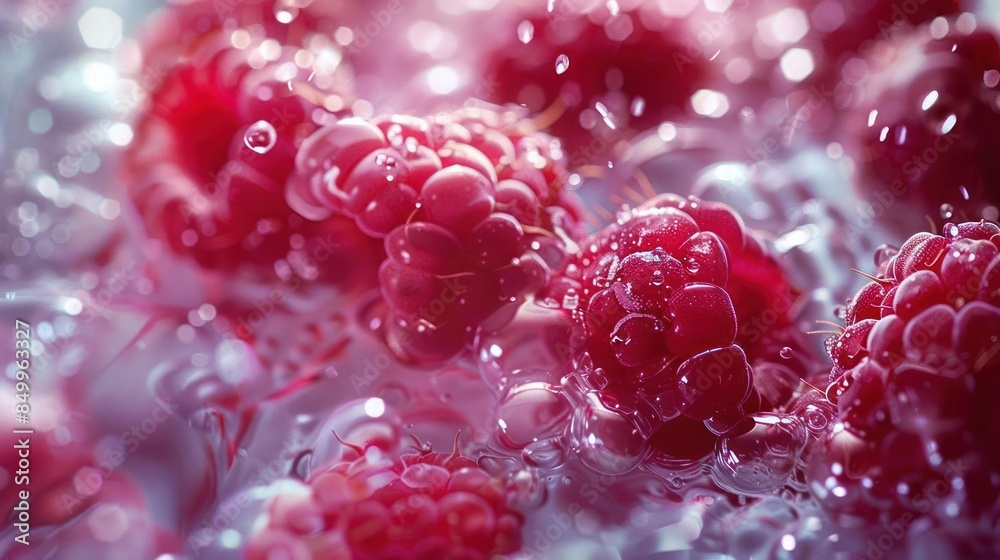 Ethereal Elegance, Raspberries in Frost, with Sparkling Water Droplets Ethereal Elegance, Raspberries in Frost, with Sparkling Water Droplets