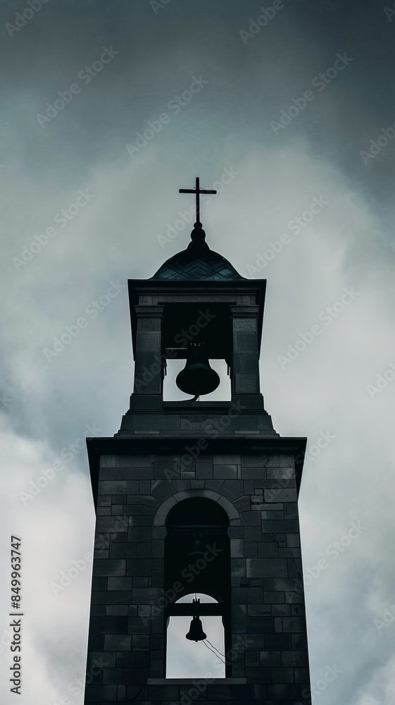 A dark, gothic church tower with a cross on top. A dark, gothic church tower with a cross on top.