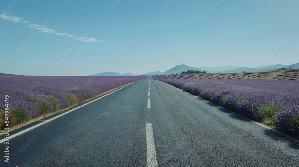 Smooth road surrounded by lavender fields in full bloom under clear sky Smooth road surrounded by lavender fields in full bloom under clear sky