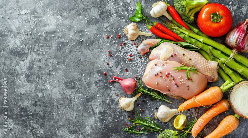 Fotografie Uncooked chicken and veggies on a gray surface
