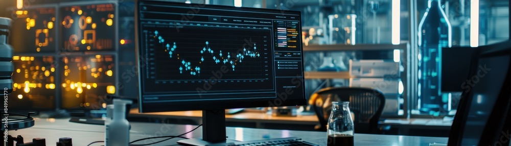 A computer monitor displays a graph of some sort, possibly related to a factory or industrial setting. Concept of technology and progress A computer monitor displays a graph of some sort, possibly related to a factory or industrial setting. Concept of technology and progress