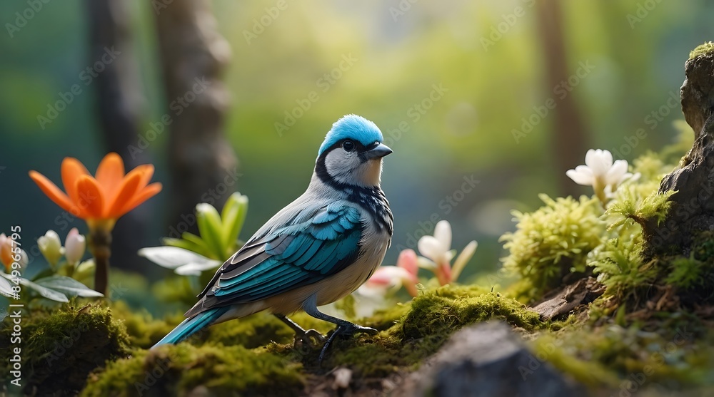 Fototapeta premium A Blue Bird Perched on a Mossy Rock in a Forest