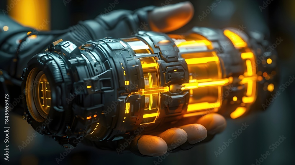 Fototapeta premium Colossal Power Cell with Vibrant Electric Striped Exterior Gripped by Fingers