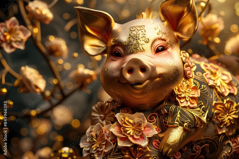 Gilded Porcine Delight:A Whimsical Floral-Adorned Golden Pig with Luxurious Charm