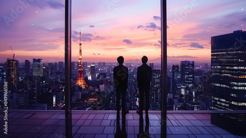 Two men stand on a balcony overlooking a city at sunset