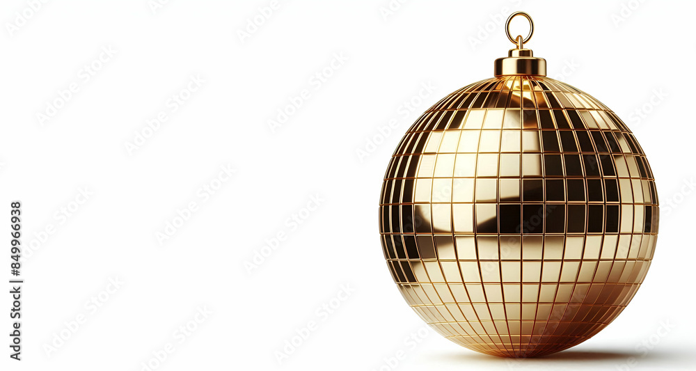Obraz premium Golden Disco Ball Shines Against Pure White Backdrop In Striking Isolation, generative ai