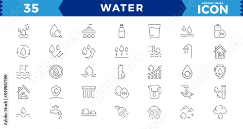 water linear icon collection real estate.Set of outline water icons. Minimalist thin linear web icon set.  Drop Water, Mineral Water, Shower, Plastic Bottle and Glass. Editable stroke.
