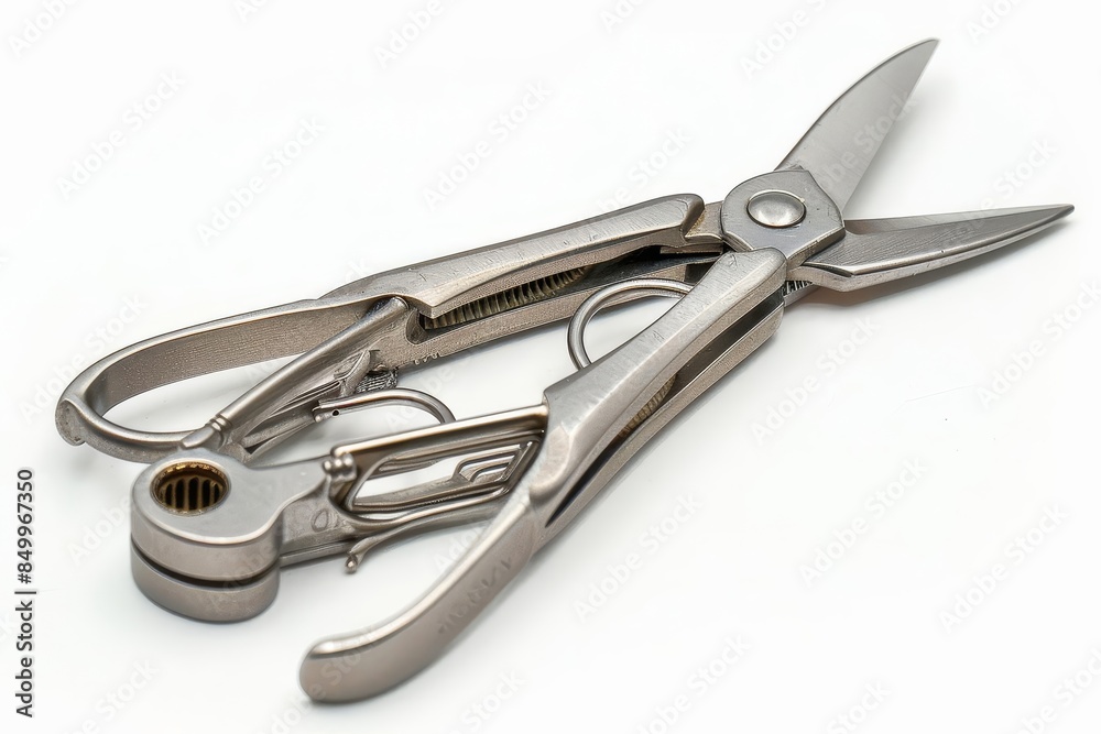 A heavy duty multitool with stainless steel construction, white background A heavy duty multitool with stainless steel construction, white background