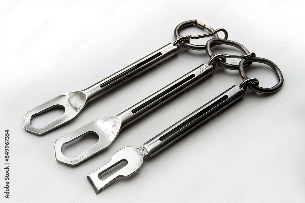 A multifunctional camping utensil set featuring a spork, white background A multifunctional camping utensil set featuring a spork, white background