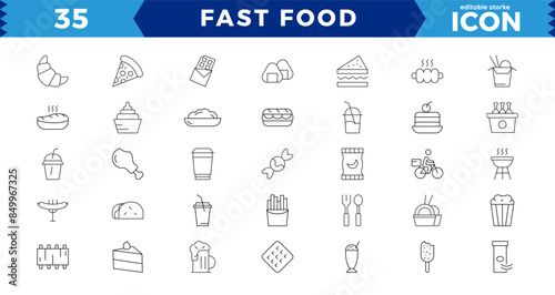 Fast food flat line icons set. Burger, combo lunch, french fries, hot dog, Burger, donut, french fries, hot dog, kabab, pizza, pizza vector illustrations. Editable Strokes,Pixel Perfect icon