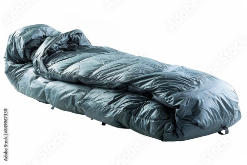 A high-quality, insulated sleeping bag ideal for camping and outdoor adventures. Comfortable, durable, white background photo