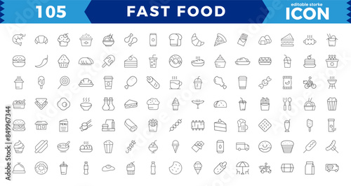Fast food flat line icons set. Burger, combo lunch, french fries, hot dog, Burger, donut, french fries, hot dog, kabab, pizza, pizza vector illustrations. Editable Strokes,Pixel Perfect icon