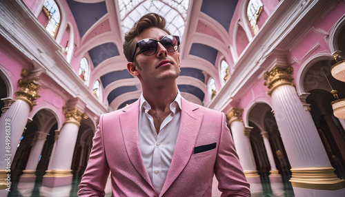 Arrogant young narcissist man in a fashion suit and in glasses looking up at camera and a halo glows above his head. Male narcissism concept