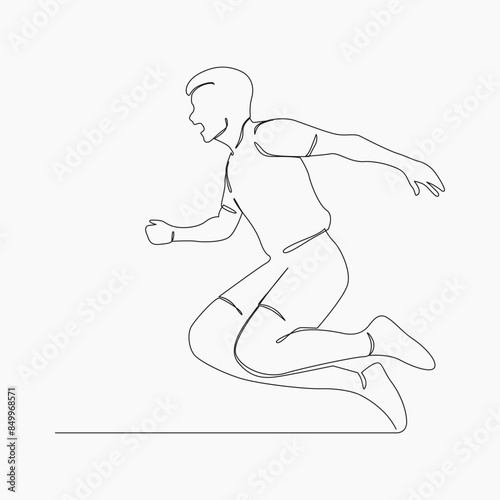 One continuous line drawing of young man athlete jumping. Individual sport, competitive concept