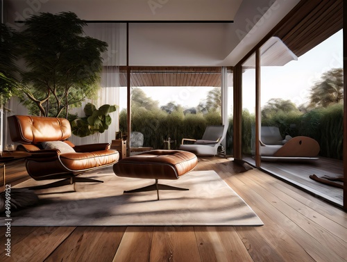 Modern Mid Century Interior Featuring Leather Armchair and Table in a Lavish Garden Setting photo