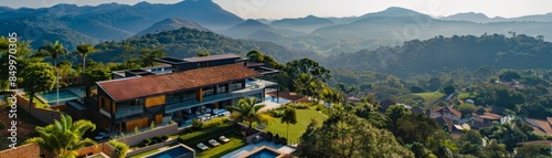 Luxury Villa with Pool in Sao Paulo Mountains - Aerial View of Modern High-End Property in Brazilian Countryside © PUKPIK
