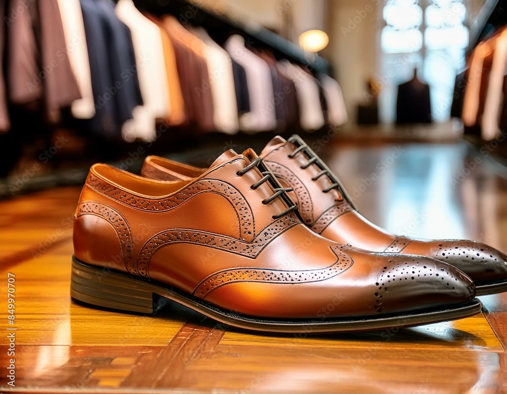 A pair of elegant leather dress shoes placed neatly on a polished wooden floor A pair of elegant leather dress shoes placed neatly on a polished wooden floor