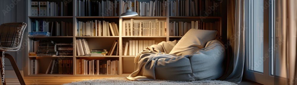 A cozy reading nook with a chair, a lamp, and a plant. The chair is covered with a blanket and a pillow, and there are many books on the shelves. The room has a warm and inviting atmosphere A cozy reading nook with a chair, a lamp, and a plant. The chair is covered with a blanket and a pillow, and there are many books on the shelves. The room has a warm and inviting atmosphere