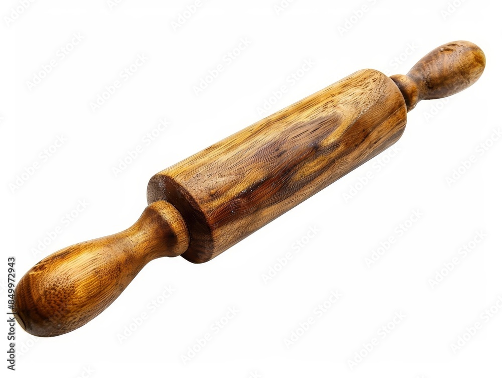 A wooden rolling pin with a smooth surface and comfortable handles, white background A wooden rolling pin with a smooth surface and comfortable handles, white background