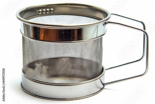 A stainless steel flour sifter with a mesh screen and handle, designed for baking and pastry making, white background