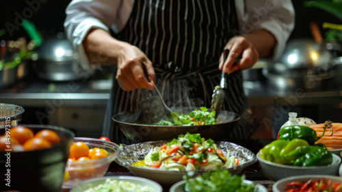 A chef is preparing a salad in a kitchen with a variety of vegetables and bowls