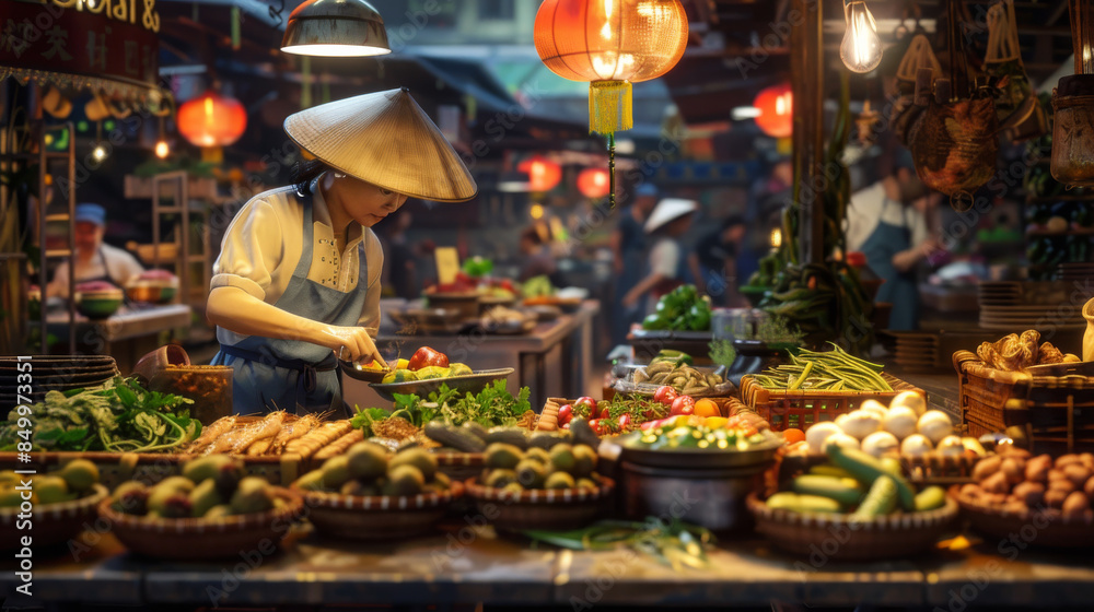 Obraz premium A woman is cutting vegetables at a market