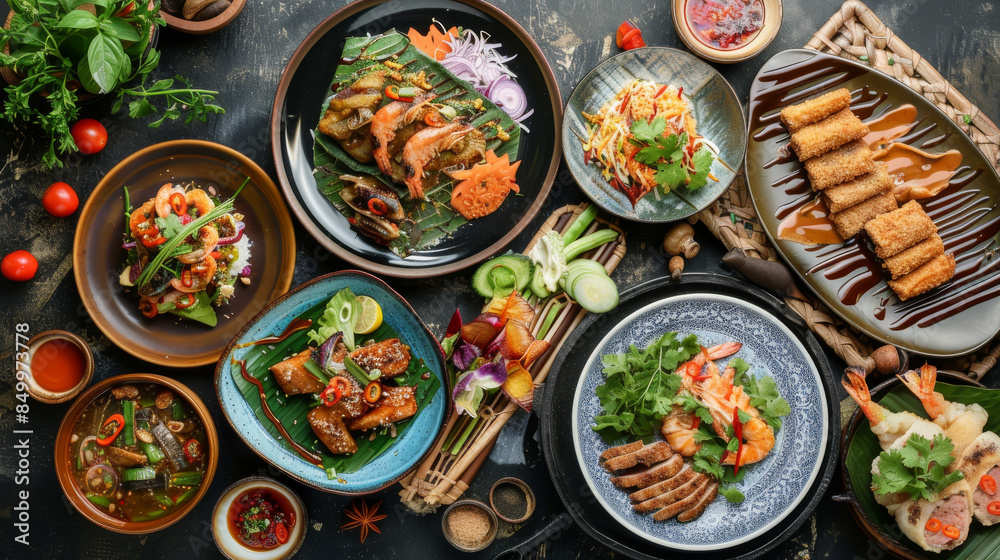 A table full of food with a variety of dishes including shrimp, vegetables