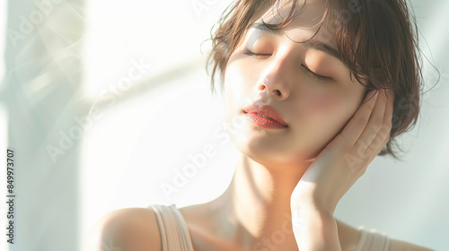 Close-up of young woman with healthy skin, Generative AI