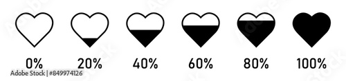 Heart shape loading progress indicator. vector illustration. Set of black hearts 0%, 20%, 40%, 60%, 80%, 100% rating level.