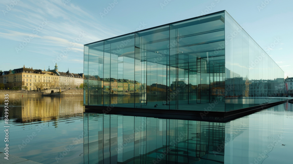 A glass museum with a unique design, housing a collection of modern art A glass museum with a unique design, housing a collection of modern art