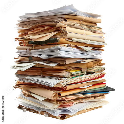 Old stacks of paperwork and files isolated on transparent background.