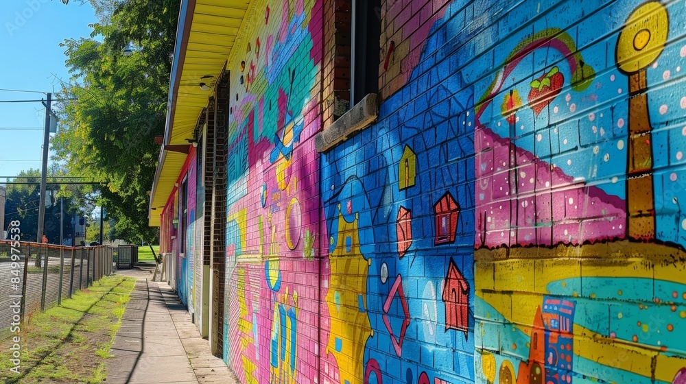 Obraz premium A colorful and vibrant mural on the side of a building showcasing the positive impact of the solar energy cooperative in the neighborhood.