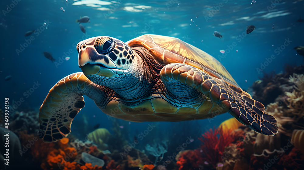 Obraz premium . An aquatic turtle leisurely moving through a lively coral reef environment in the ocean.