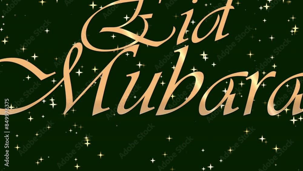 Eid Mubarak text animation in gold, with green background, and stars for greeting, Eid al Fitr and Eid al Adha celebration. 4k.