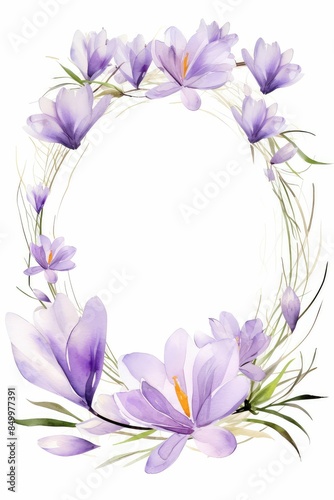 crocus themed frame or border for photos . delicate purple and white flowers. watercolor illustration, Perfect for nursery art, simple clipart, single object, white color background..