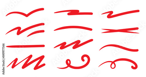Red squiggle brush scribble underline. Marker pen emphasis highlight red swoosh stroke. Vector swoosh brush underline set for accent, marker emphasis squiggle element. Vector illustration
