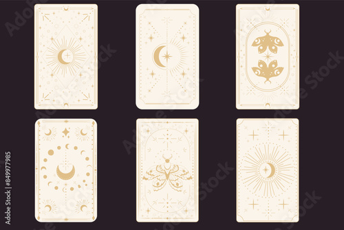 Tarot reverce border magic sacred cover card frame gold line border celelstial mystery esoteric decoration with moth stars and moon on dark background.