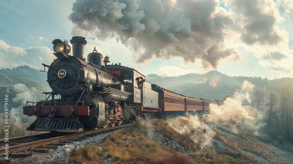 Fototapeta premium Historic Steam Train Exploring Rural Scenery