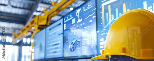 A smart construction site with realtime data analytics displayed on large screens, showing progress and efficiency, Modern, Bright and clean