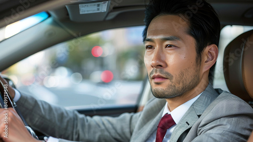 Portrait of a Japanese man in a suit holding a car steering wheel, Generative AI