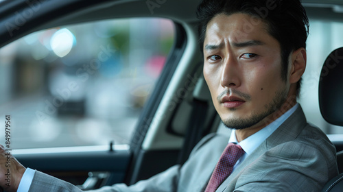 Portrait of a Japanese man in a suit holding a car steering wheel, Generative AI