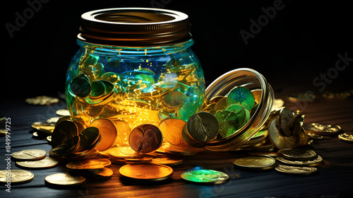 Gold coins in a jar illuminated by soft, glowing lights. A treasure trove of wealth and enchantment.