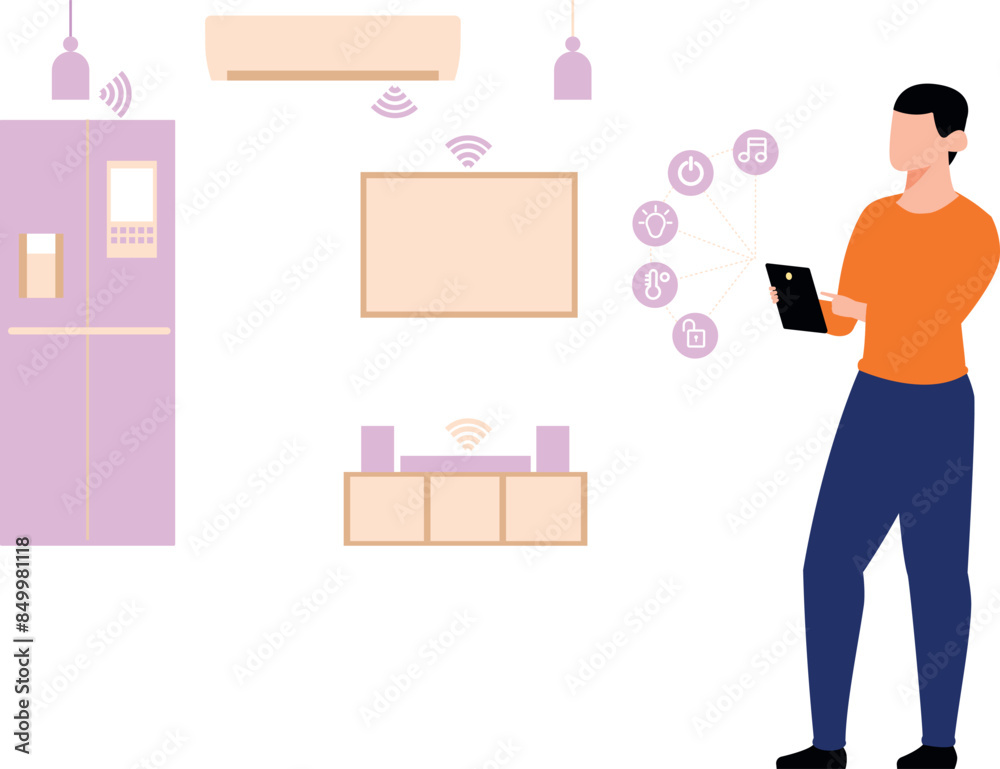 The boy is controlling the house through the smart system. The boy is controlling the house through the smart system.