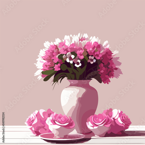 Red tulips vase in flat style on white background. Spring bouquet. Vector illustration.