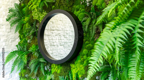 Round mirror with black frame hanging on wall made of leaf